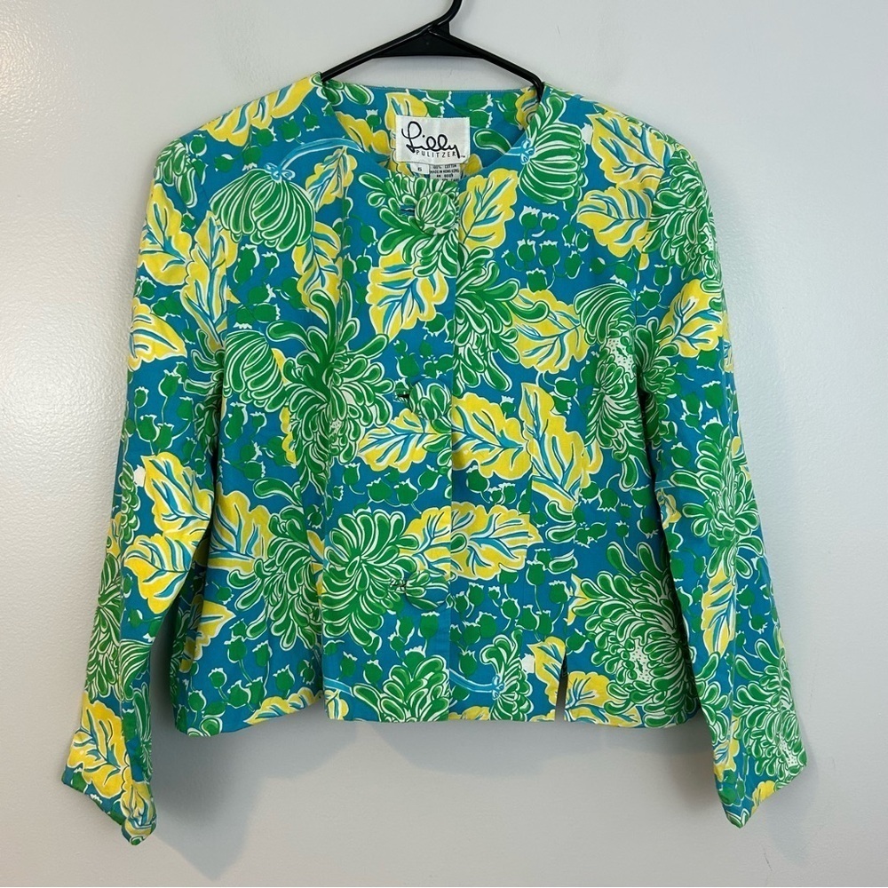 Lilly Pulitzer Floral Tiger Palm Yellow/Green 100% Cotton Cropped Jacket Size 6